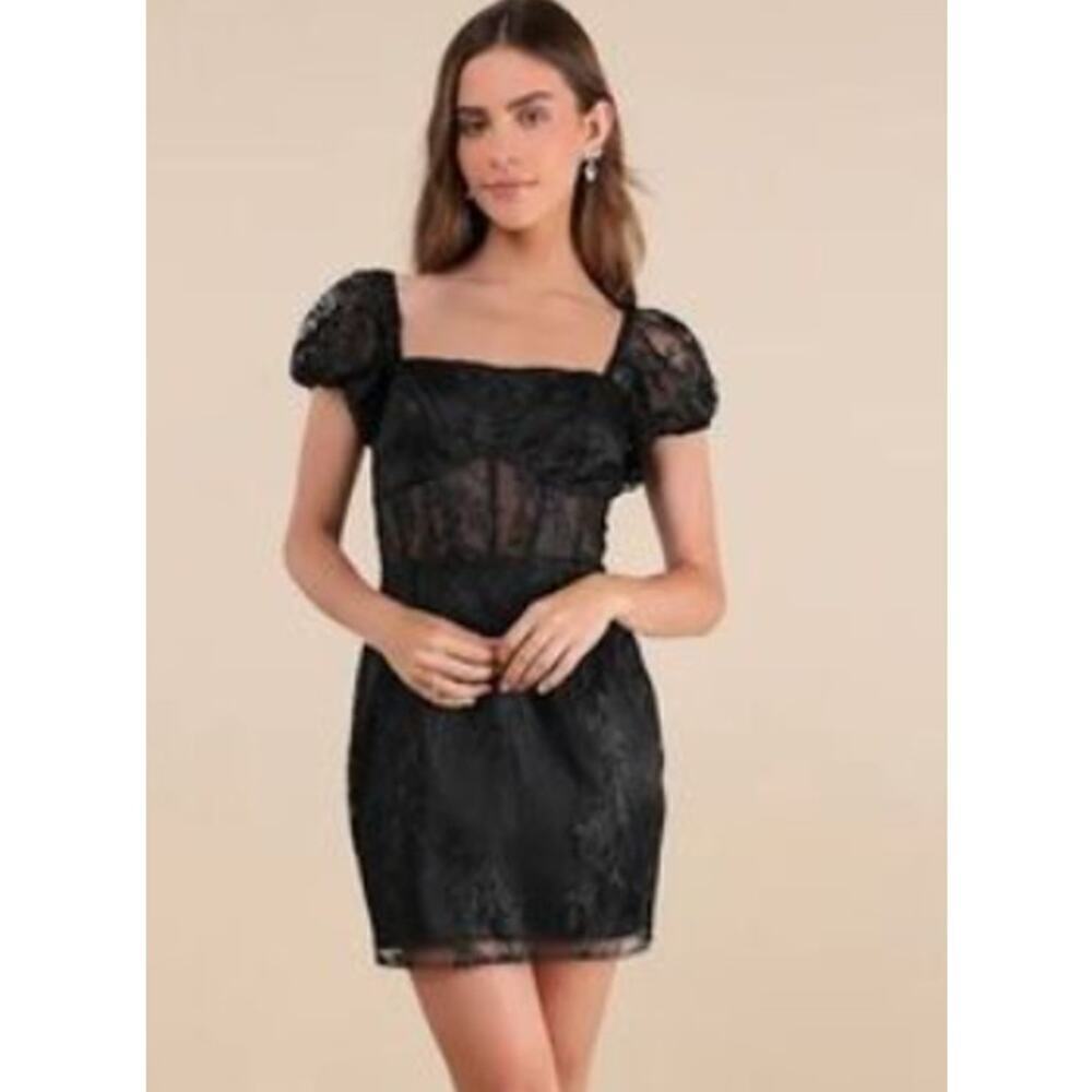 Lulus Seriously Cute Mini Dress Black Embroidered Mesh Puff Sleeve Large NWT